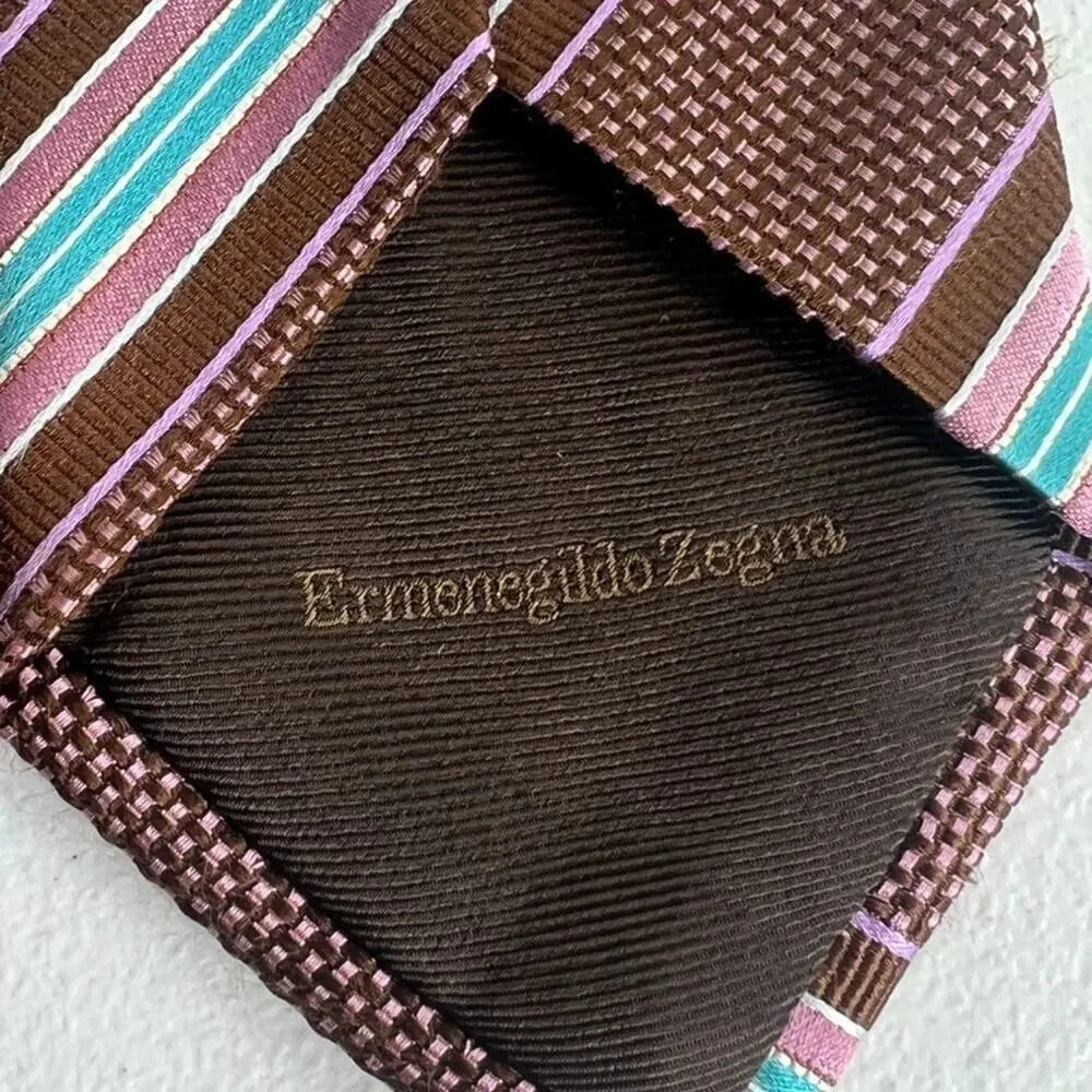 Ermenegildo Zegna Silk Neck Tie Geometric Striped Brown Pink Blue